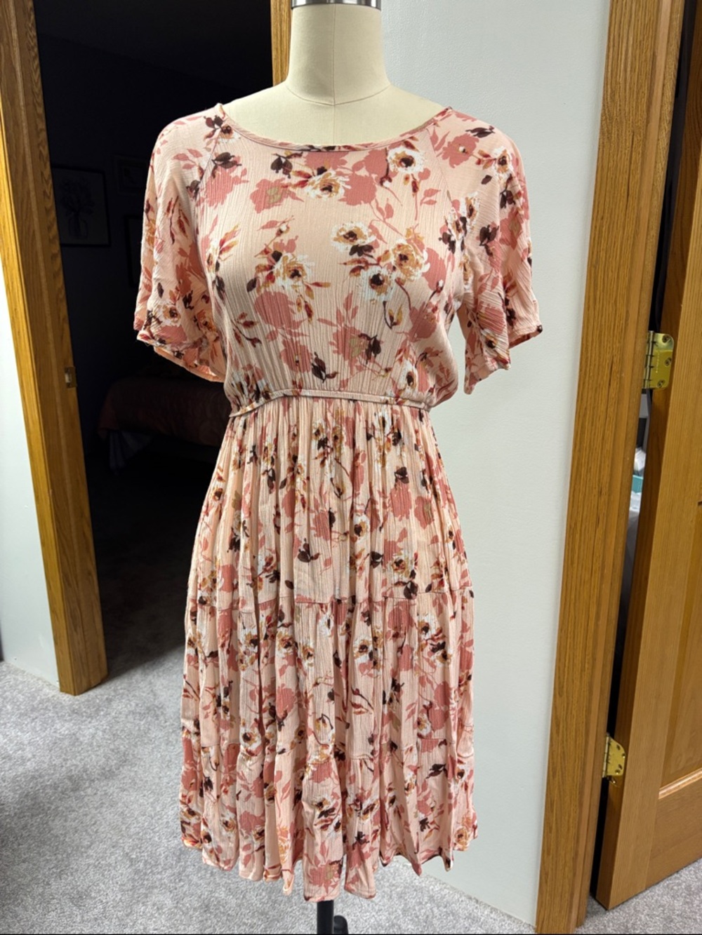 Blush Floral Pleated Midi Dress with Flutter Sleeves